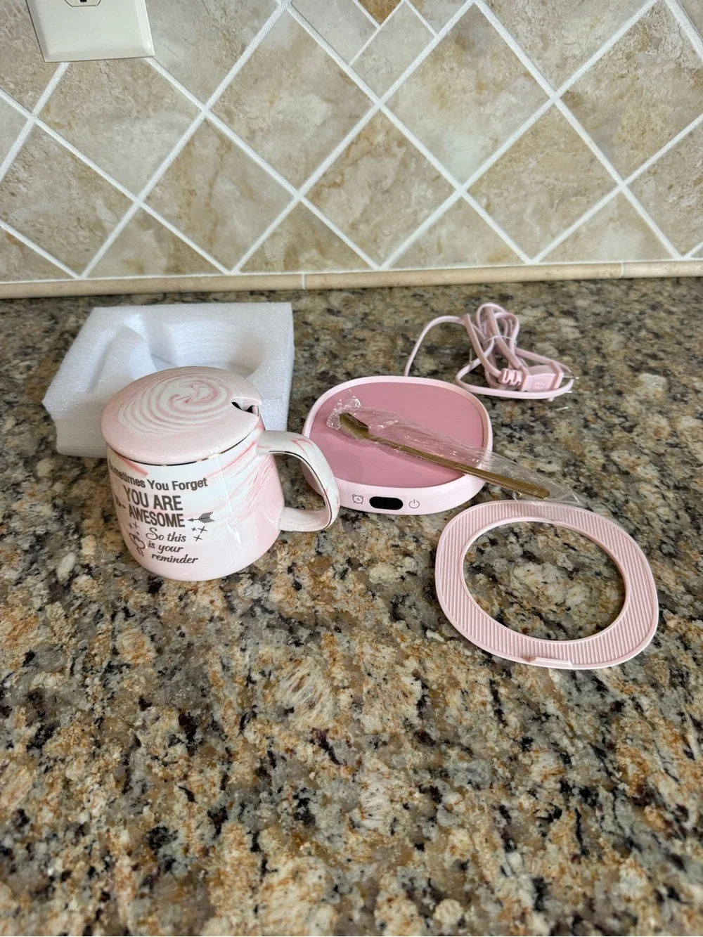 Coffee Mug Warmer & You are Awesome Set, AWESOME MUG with 4 Temp, Pink
